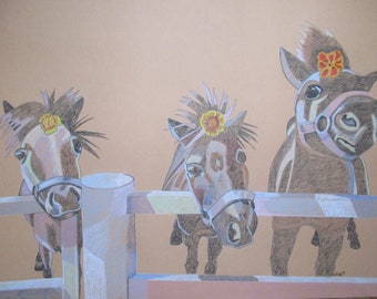 Three Ponies original drawing on pastel paper