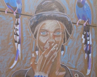 Gypsy Girl with Blue Magpies original drawing