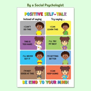 May include: A poster titled Positive Self-Talk by a Social Psychologist with the text Be Kind to Your Mind. It features a grid comparing negative phrases like I can't do this with positive alternatives like I can learn this, illustrated with cartoon characters.