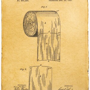 Pode incluir: Uma impressão em papel envelhecido de uma patente de rolo de papel higiênico de S. Wheeler, datada de 22 de dezembro de 1891. A ilustração mostra um rolo e uma folha, com anotações técnicas e a assinatura do inventor.