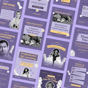 May include: A collection of purple social media posts with white text and images. The posts cover topics like life coaching, daily routines, and motivation. Decorative chess pieces and stars are scattered throughout the design.