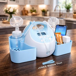 May include: A blue and white Spectra breast pump with two collection bottles and a blue accessory tray. A smartphone, snack, and a small white box are in a second blue tray. A bonus tool is included.