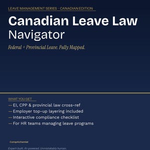 Può includere: Una grafica blu navy con il testo "Canadian Leave Law Navigator" in bianco. Il testo "Federal + Provincial Leave. Fully Mapped." è in basso. L'immagine include anche un elenco di funzionalità e il logo CompAlchemist.
