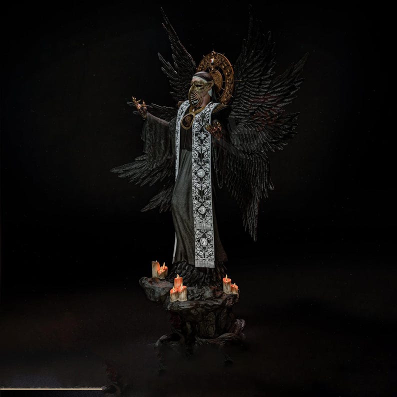 May include: A dark-winged figure wearing a long black robe with a white embroidered stole and a gold halo, standing on a rocky base surrounded by small lit candles. The figure has a mask covering the lower face and large feathered wings.