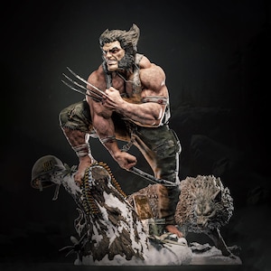 May include: A detailed statue of Wolverine, a Marvel Comics character, in a dynamic pose. The figure has a fierce expression, claws extended, and is posed on a snowy base with a wolf and a helmet. The statue is predominantly brown, gray, and white.