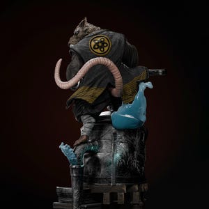 May include: A detailed statue of a rat-like figure in a dark robe with a yellow emblem on the back. The figure has a long, pink tail and is standing on a weathered, gray platform with blue accents. A katana is visible.