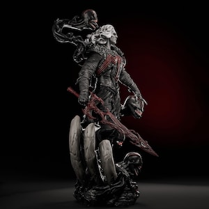 May include: A detailed statue of a character with white hair, clad in a dark outfit with red accents. The figure holds a red sword and a mask, with black tendrils and monster-like figures surrounding it. The statue is set against a dark red background.