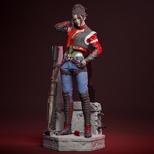 May include: A 3D render of a female figure in a futuristic outfit. She wears a red and grey jacket, blue jeans, and black boots. A rifle and a stone structure are in the background. The figure is posed with one hand on her head.