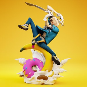 May include: A whimsical figurine of a figure in a blue outfit, holding a sword and a mallet, balanced on a banana, donut, and whipped cream base. The figure has a paper bag for a head. The base includes a pink donut with blue sprinkles.