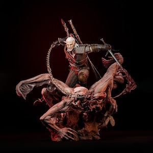 May include: A detailed figurine depicting a battle scene. A warrior with white hair and a sword is poised to strike a monstrous creature. The creature is chained and has large wings. The color palette is dominated by browns, reds, and blacks.