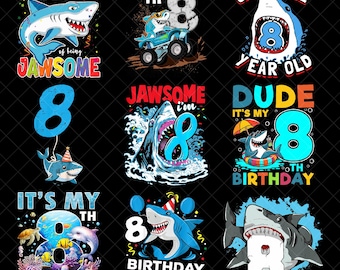 8. Geburtstag Hai PNG Bundle, Baby Hai Party digitaler Download, Jawsome Shirt Design, Ozean Tiere Clipart