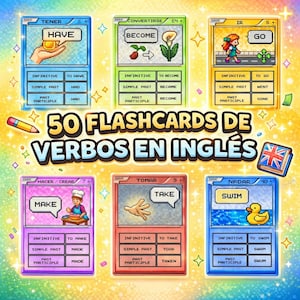 Puede incluir: Un conjunto de tarjetas didácticas de verbos en inglés. Cada tarjeta muestra un verbo con sus formas infinitivas, pasado simple y participio pasado. La imagen incluye el texto "50 Flashcards de Verbos en Inglés".