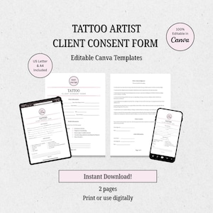 Sjabloon toestemmingsformulier tattoo, bewerkbare Canva Tattoo Waiver, toestemmingsformulier klant, Tattoo Studio-formulieren, Instant Download, Canva-sjabloon