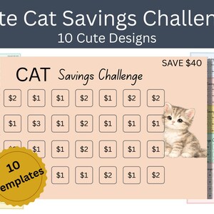 以下が含まれることがあります： CAT Savings ChallengeおよびSAVE $40というテキストが記載されたピーチカラーの貯金チャレンジトラッカー。シートには1ドルから3ドルまでの金額が書かれたボックスのグリッドと、小さなトラ猫の子猫のリアルなイラストが含まれています。