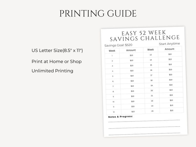 Easy 52 Week Savings Challenge Printable | Save 520 in 1 Year | Weekly ...