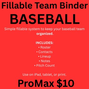 Könnte beinhalten: Rote Grafik mit den schwarzen Worten "Fillable Team Binder BASEBALL". Der Text beschreibt ein einfaches ausfüllbares System für Baseballteams, einschließlich Kader, Kontakte, Aufstellung, Notizen und Pitch Count. Es kann auf iPad, Tablet oder gedruckt verwendet werden.