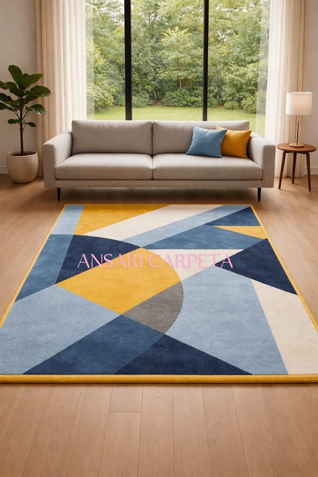 Modern Abstract Geometric Hand Tufted Rug – Blue Yellow Wool Area Rug ...