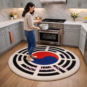 Alfombra redonda de lana tejida a mano / Alfombra redonda inspirada en la bandera de Corea