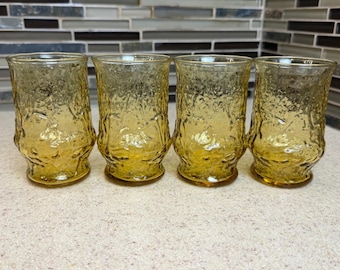 VTG Anchor Hocking Amber Rain Flower 4" Juice Glasses Daisy Flowers Set of 4 MCM