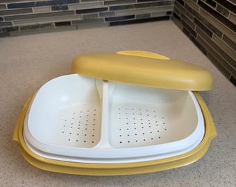ビンテージ タッパーウェア 電子レンジ用スチーマー 黄色と白の仕切り付きインサート アメリカ製