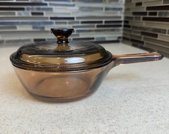 Vintage Corning Vision Ware Pyrex Amber Glass 0.5L Saucepan with Lid P81C USA