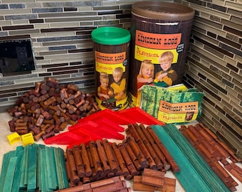 Juegos de construcción de madera VTG Playskool Lincoln Logs n.° 890 y n.° 893 con recipientes, 300 piezas.