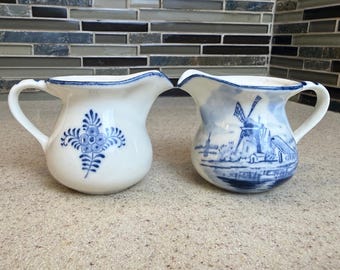 Vintage Delft Blue Windmill Creamer / Espresso Cups 2pc Set Ceramic Japan 2.5"