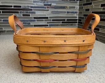 VTG Longaberger 1995 Handwoven Basket w/ Leather Handles & Plastic Liner 7" x 5"