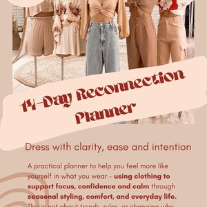 Op de afbeelding: Afbeelding met mannequins gekleed in diverse outfits: een beige crop top met bijpassende shorts, een bloemen off-the-shoulder top en rok, een lichtbruine top met lichtblauwe jeans en een beige top met bijpassende broek. Tekst: "14-Day Reconnection Planner."