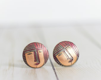 Mosaic Face / Modernist Mauve Pink Vintage Abstract Round Clip On Earrings Silver-tone w Enamel Coating / 70s & 80s Vibes