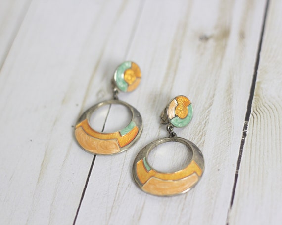 Retro Orange & Aqua Green Vintage Hoop Dangle Abs… - image 5