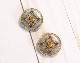 Medallion, Ornate Vintage Round Disc Shaped Clip-On Earrings w Deep Purple & Gold-Tone Rhinestones / Detailed Design / Mandala / Boho Vibes