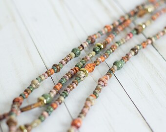 Coral, Green & Gold-tone VintageBeaded SET of 2 Necklaces / Crackle Marble-like Texture / 49in L