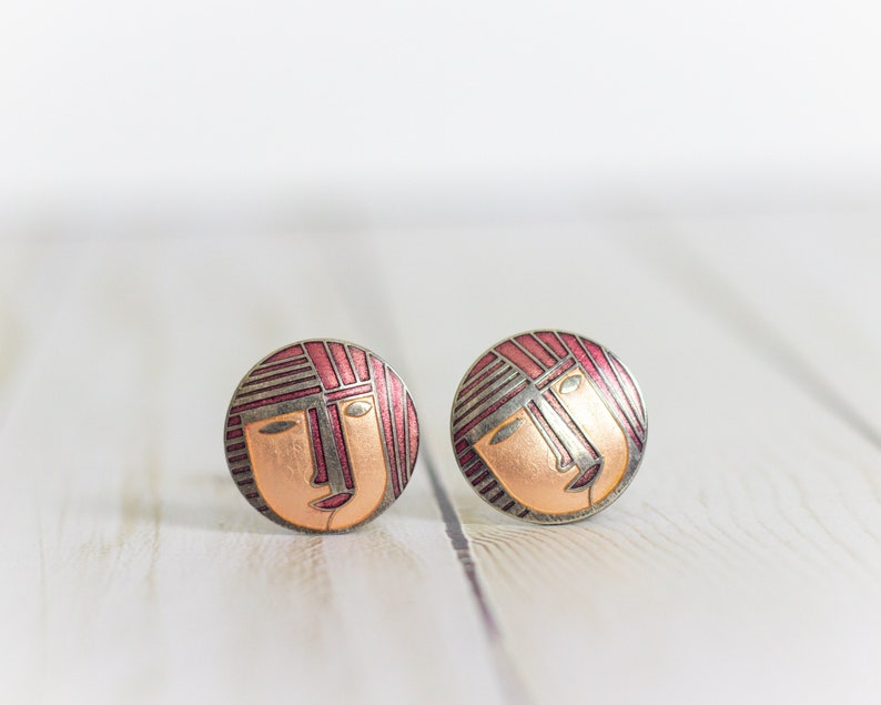 Mosaic Face / Modernist Mauve Pink Vintage Abstract Round Clip On Earrings Silver-tone w Enamel Coating / 70s & 80s Vibes image 1