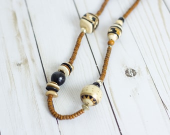 Tribal, Vintage, Abstract Black // Brown // Gold-tone Necklace w/ Painted Wooden Beads / 30in L