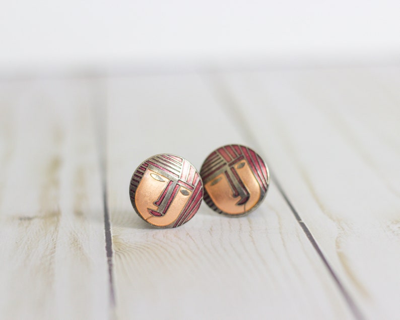 Mosaic Face / Modernist Mauve Pink Vintage Abstract Round Clip On Earrings Silver-tone w Enamel Coating / 70s & 80s Vibes image 2