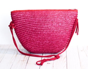 Red *PRELOVED* Vintage Wheat Straw Woven Hipster Crossbody Bag / Boho 70s 80s Vibe