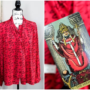 Personal Vintage Bright Red & Black Abstract Squiggle Print Long Sleeve Button Down Top with Neck Tie / MEDIUM LARGE / V El Hierofante