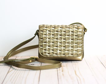 Metallic Gold-tone Woven *PRELOVED* Vintage Faux Leather Small Hipster / Crossbody Bag / Gold Silver / Boho & 70s Vibes