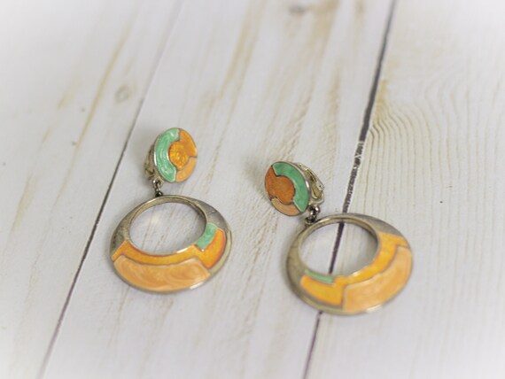 Retro Orange & Aqua Green Vintage Hoop Dangle Abs… - image 2