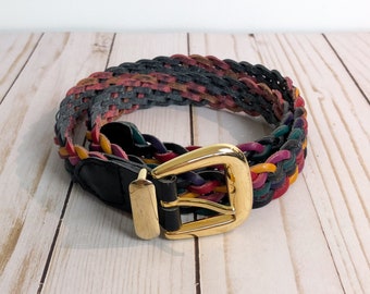 OMEGA Vintage Rainbow Colorful Genuine Leather Woven Braided Belt with Black and Gold tone Detailing / 80s Retro Vibes / Small / 34.5in