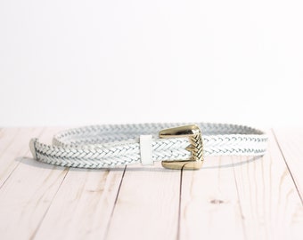 White Woven CHIC Vintage Genuine Split Leather Belt w Heavy Duty Gold-tone Buckle / 90s Vibe / SMALL / 36in