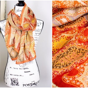 DAKS London Vintage Rust Orange Brown Paisley Floral Print Silky Sheer Scarf / Gold-tone Embellishments / 70s Vibe / 70in L