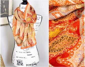 DAKS London Vintage Rust Orange Brown Paisley Floral Print Silky Sheer Scarf / Gold-tone Embellishments / 70s Vibe / 70in L