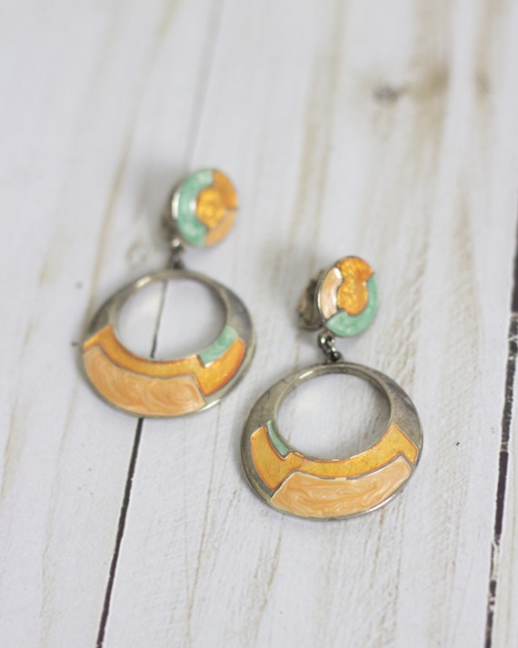 Retro Orange & Aqua Green Vintage Hoop Dangle Abs… - image 3