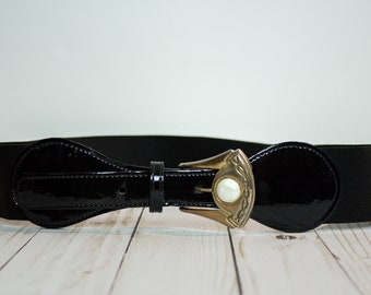 BLACK & GOLD Tone Buckle Vintage Retro Stretch Belt w Pearl-like Emblem / Waist Cinch / 80s Vibe / MEDIUM / 37.5