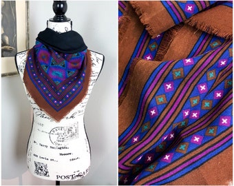 Brown Blue Purple Aztec Vintage Print Scarf Fringe / Southwestern Pattern / Boho / 70s 80s Vibe / Square 30in