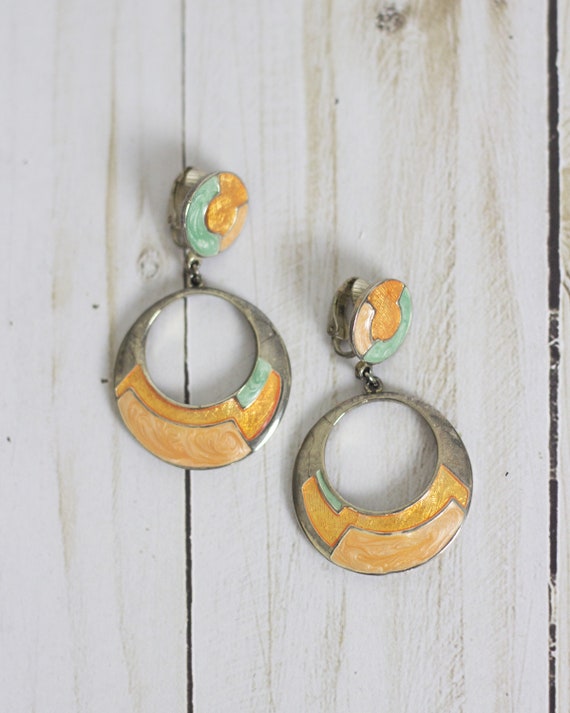 Retro Orange & Aqua Green Vintage Hoop Dangle Abs… - image 1