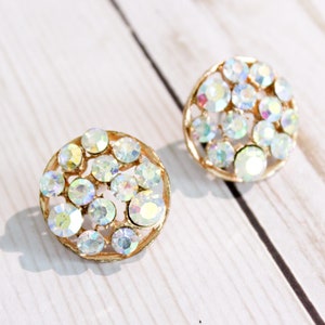 AB Aurora Borealis Vintage Clear Crystal Rainbow Rhinestone Cluster Round Pierced Post Earrings / Shimmery / 70s & 80s Vibes
