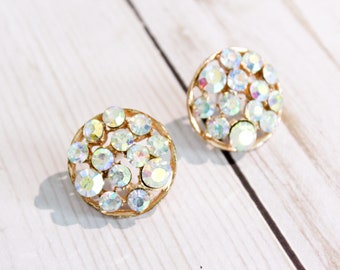 AB Aurora Borealis Vintage Clear Crystal Rainbow Rhinestone Cluster Round Pierced Post Earrings / Shimmery / 70s & 80s Vibes